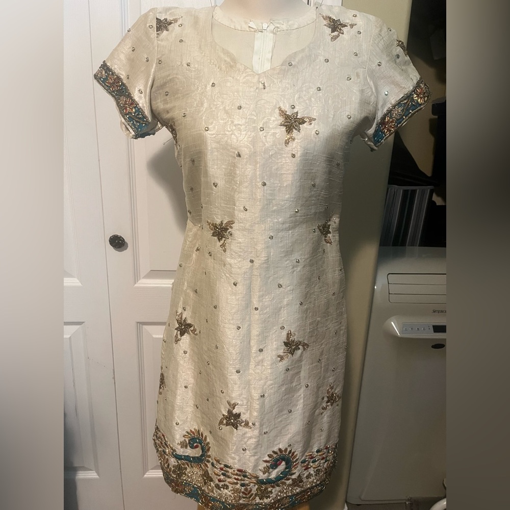 Cream pajami suit - teal pajami and dupatta
